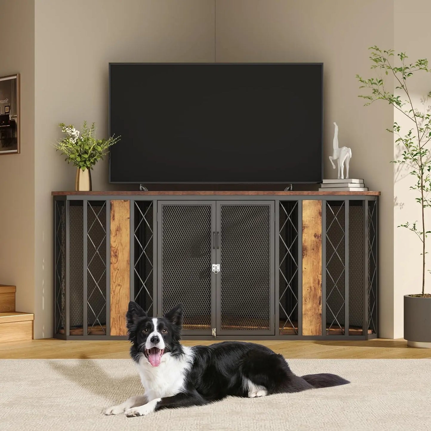 Wood Corner Dog Crate Furniture With Diamond Metal Decoration