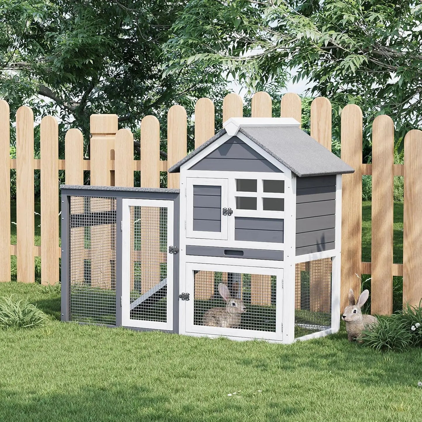 HiMISSCN Rabbit Hutch Two Story Indoor Outdoor Cage Ramp