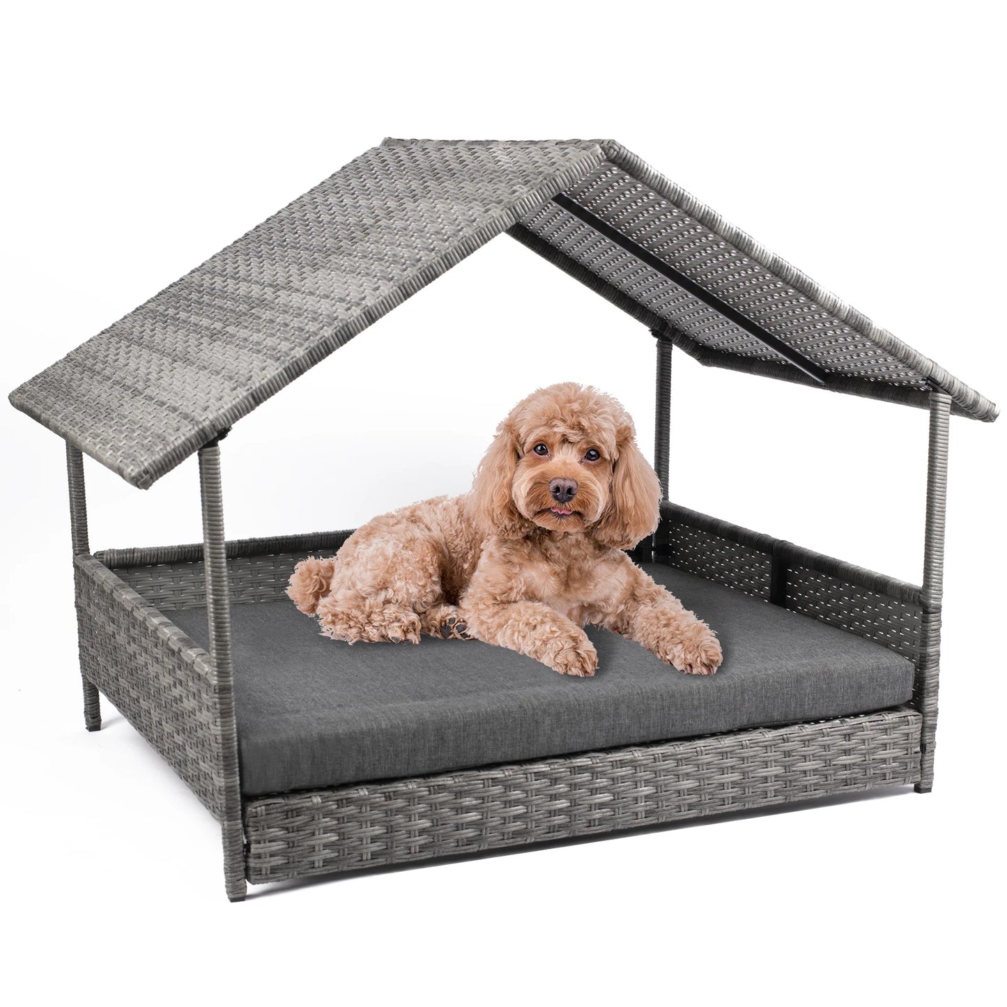 Wicker Dog House Elevated Rattan Bed With Canopy Cushion