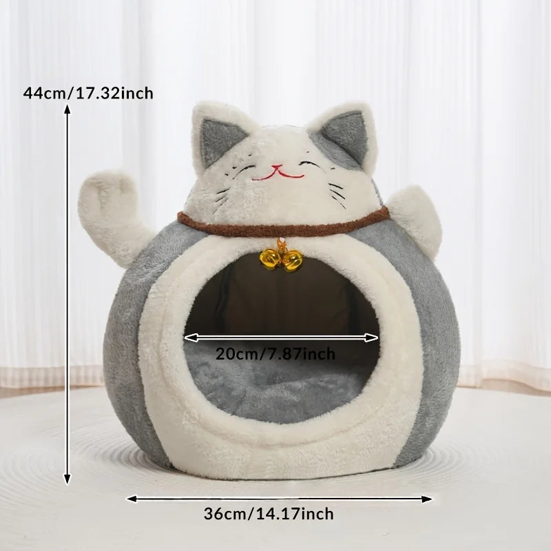 Winter Plush Cat Bed Cave With Hat Design For Cats