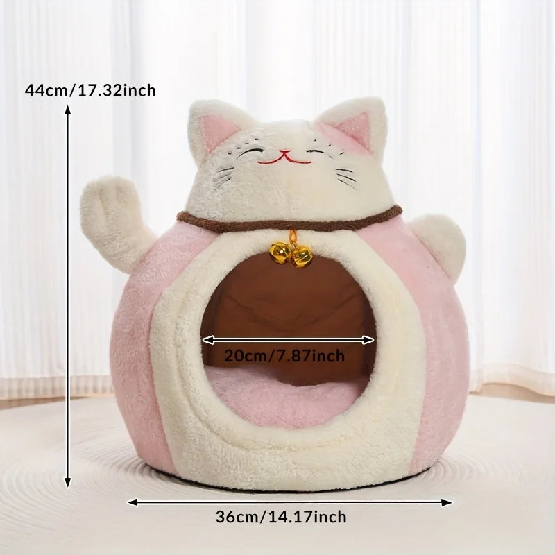 Winter Plush Cat Bed Cave With Hat Design For Cats