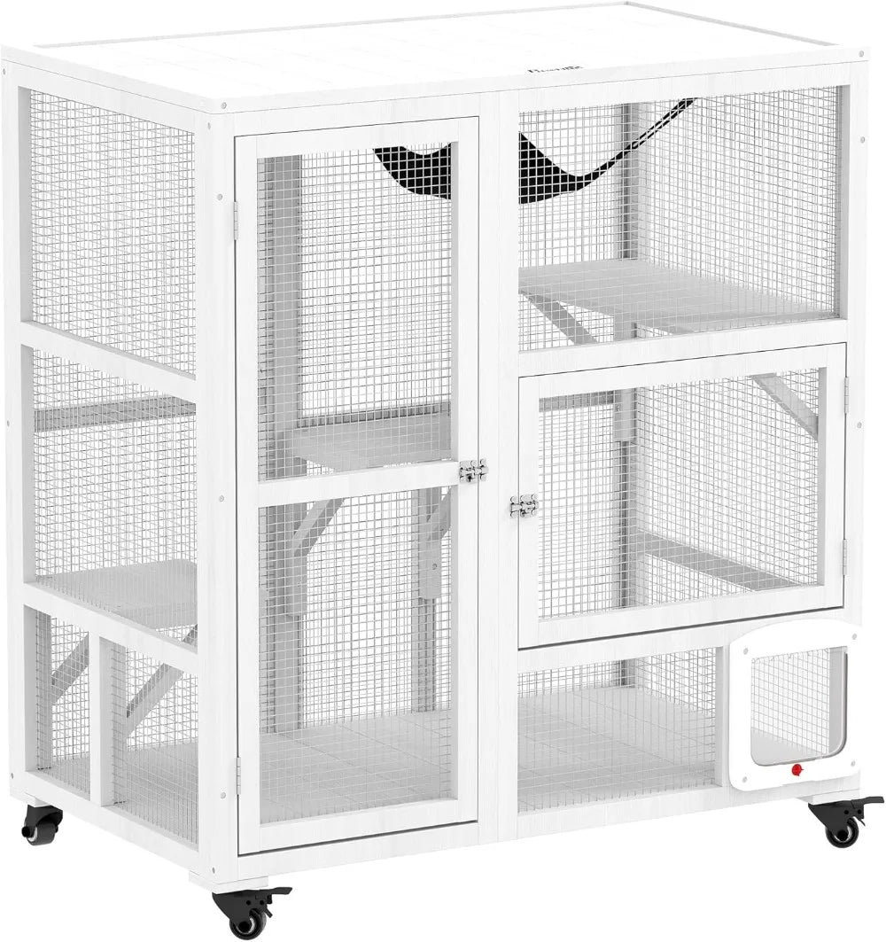 Indoor Wooden Catio Cat House On Wheels With 3 Platforms