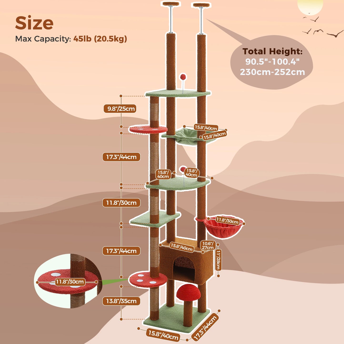 PETEPELA CN Cat Tree Floor To Ceiling Tower With Condo Hammock