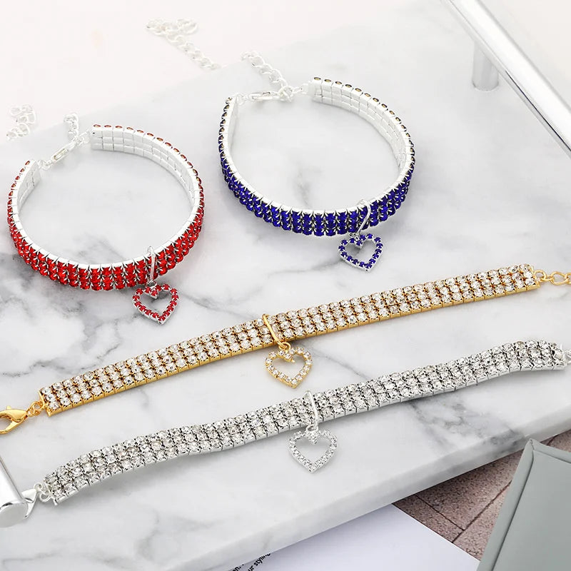 Elastic Rhinestone Collar For Cats And Dogs Three Row Decoration