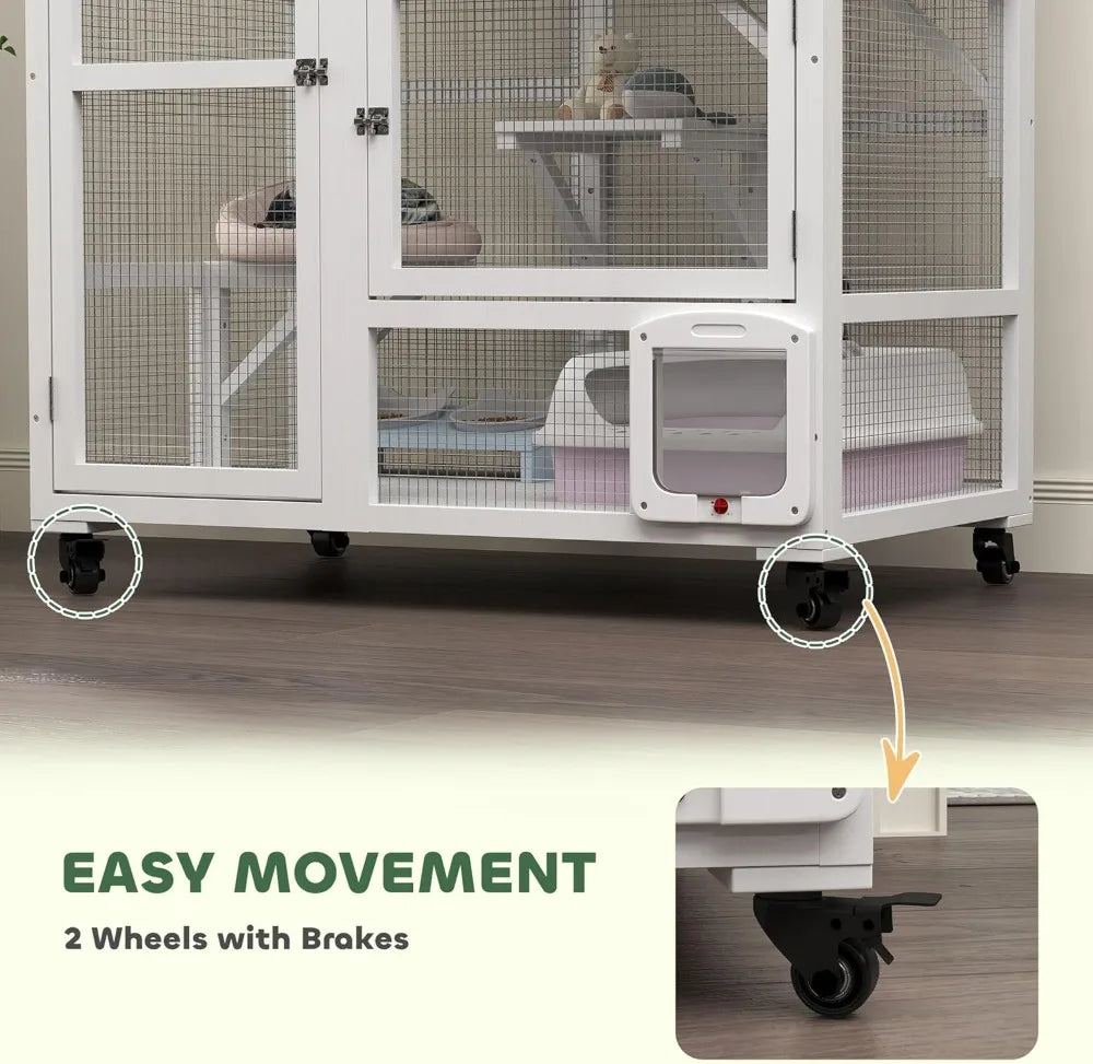 Indoor Wooden Catio Cat House On Wheels With 3 Platforms