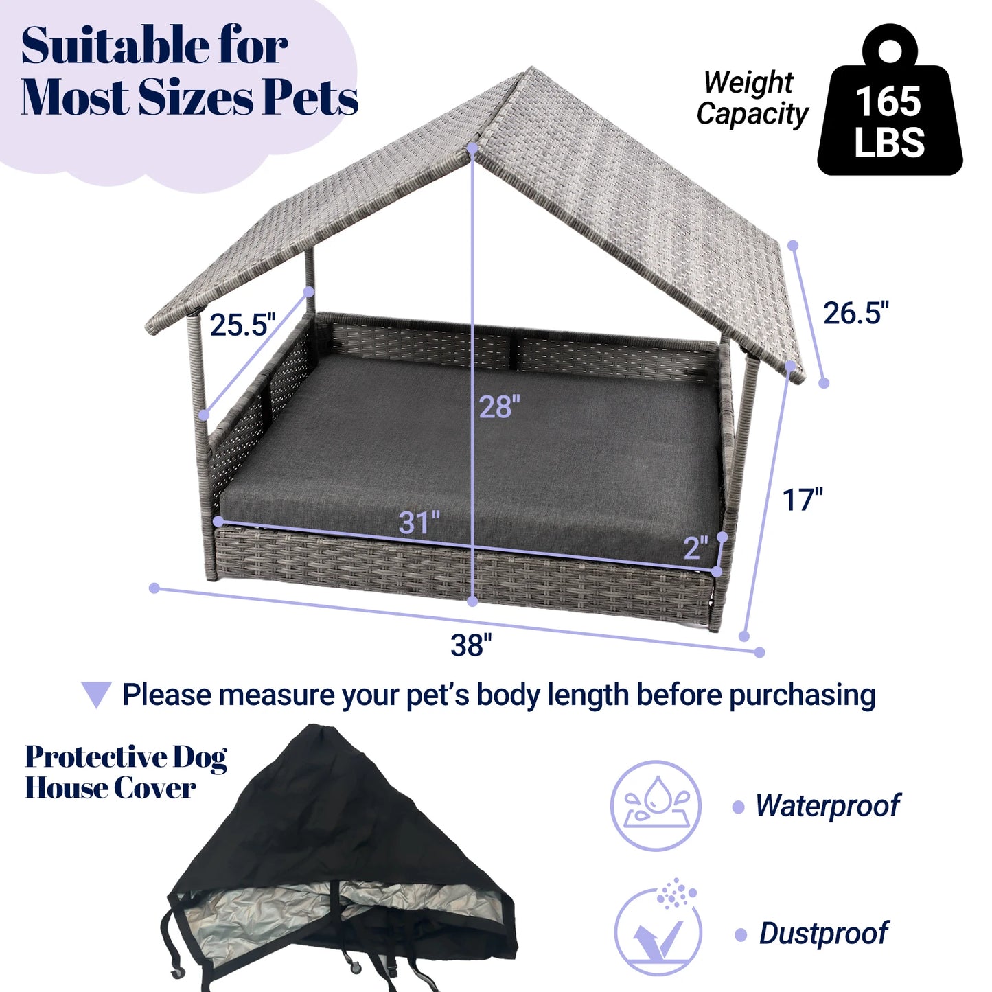Wicker Dog House Elevated Rattan Bed With Canopy Cushion
