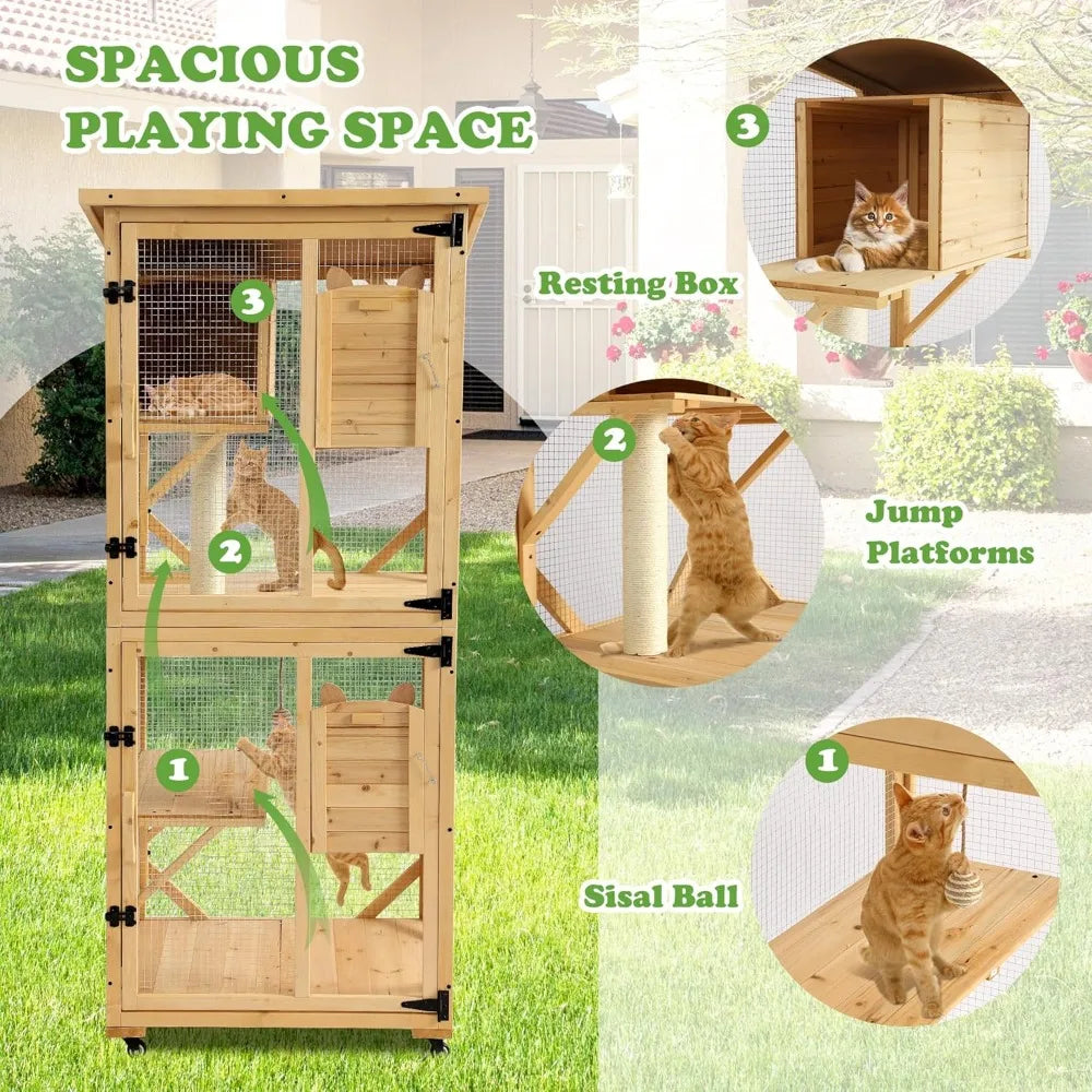 Multi-Level Outdoor Cat Enclosure With Window Access And Removable Floor