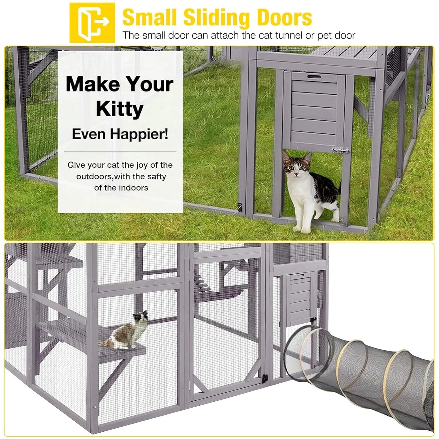 Wooden Outdoor Cat Enclosure With Large Door Platforms